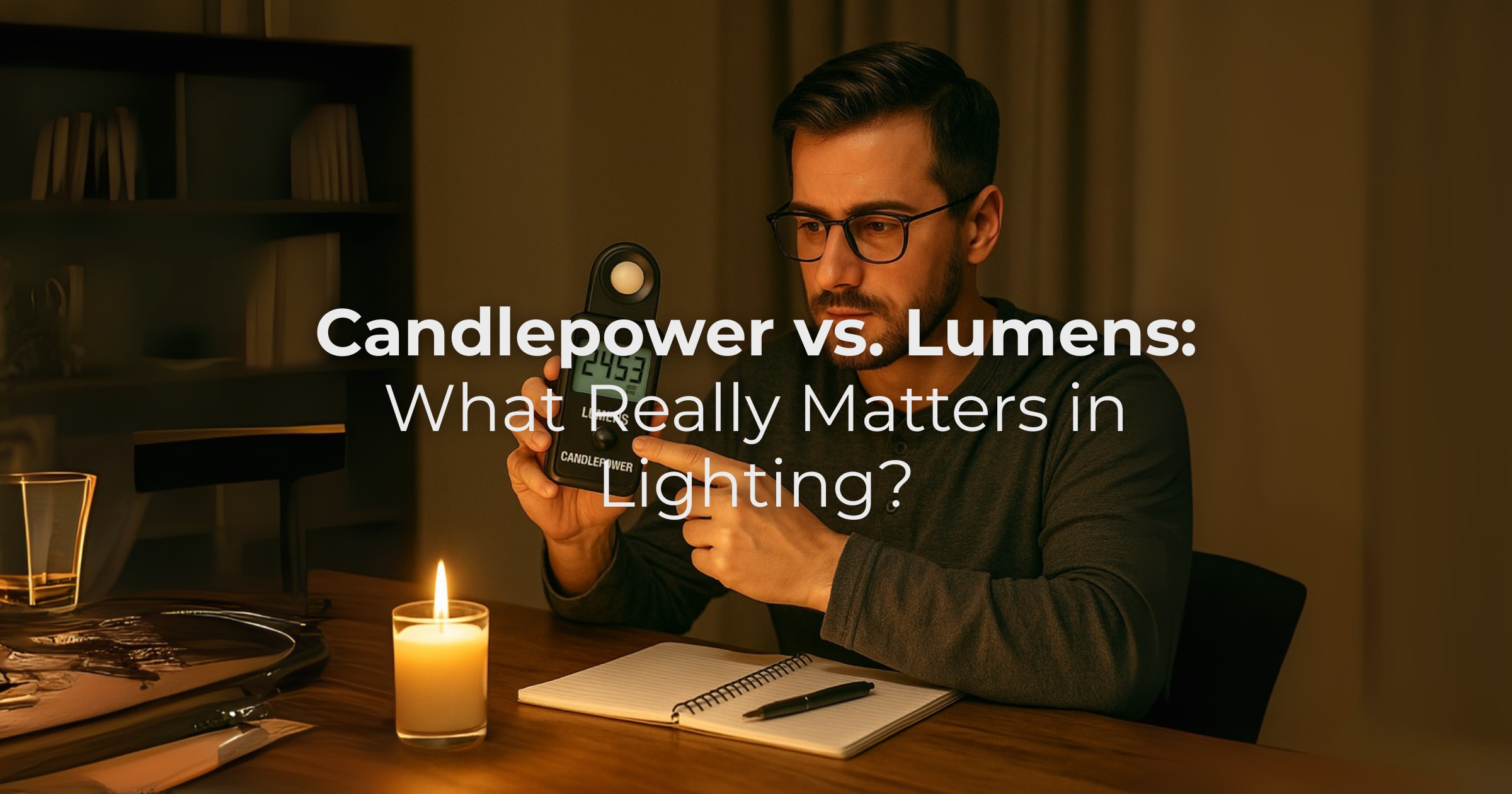 A man sits at a wooden table with two lit candles, writing in a notebook labeled lumens and candlepower to compare total light output and directional intensity.