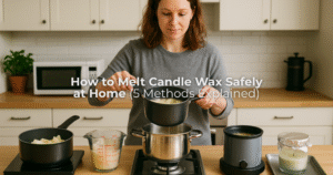 A Canadian woman demonstrating five safe methods to melt candle wax at home, including stove, microwave, double boiler, wax melter, and aluminum foil techniques, in a bright kitchen setup.