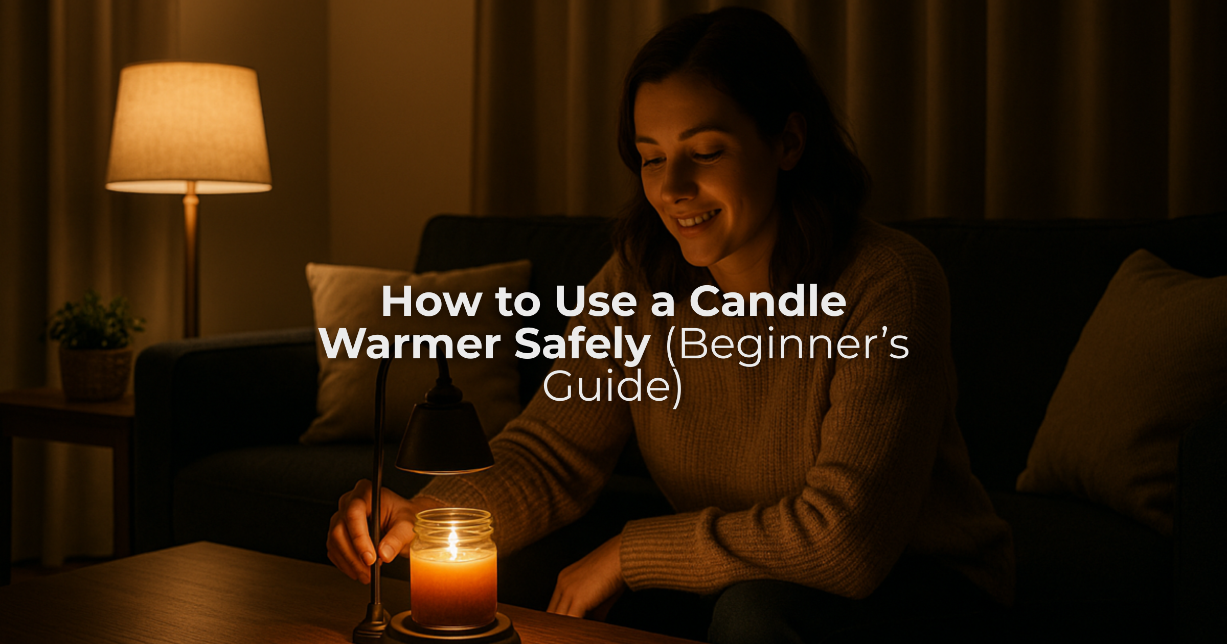 American woman using a candle warmer safely in cozy living room at night