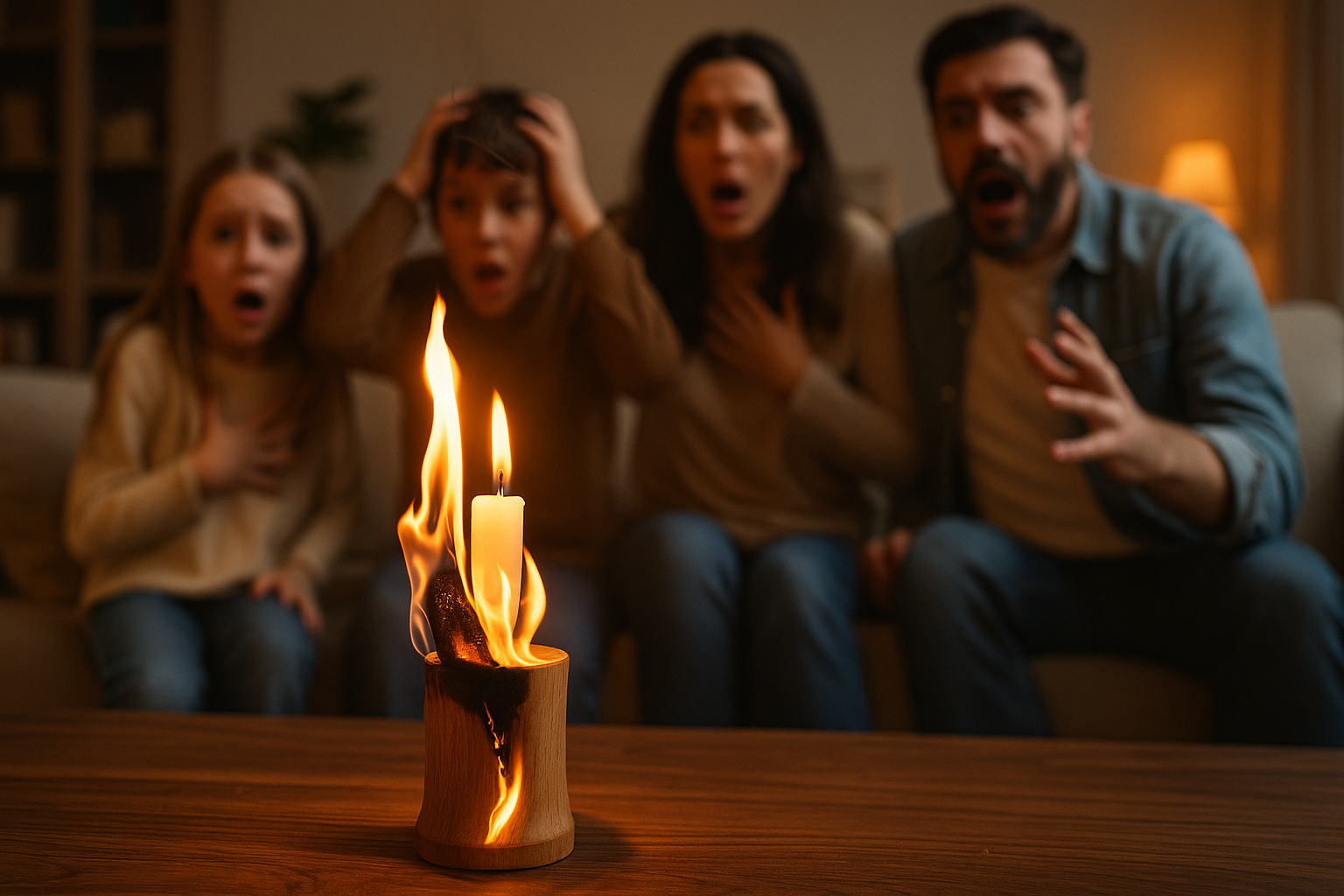 A family looking scared as a wooden candle holder catches fire in the living room, showing the risks of using flammable materials for candles.