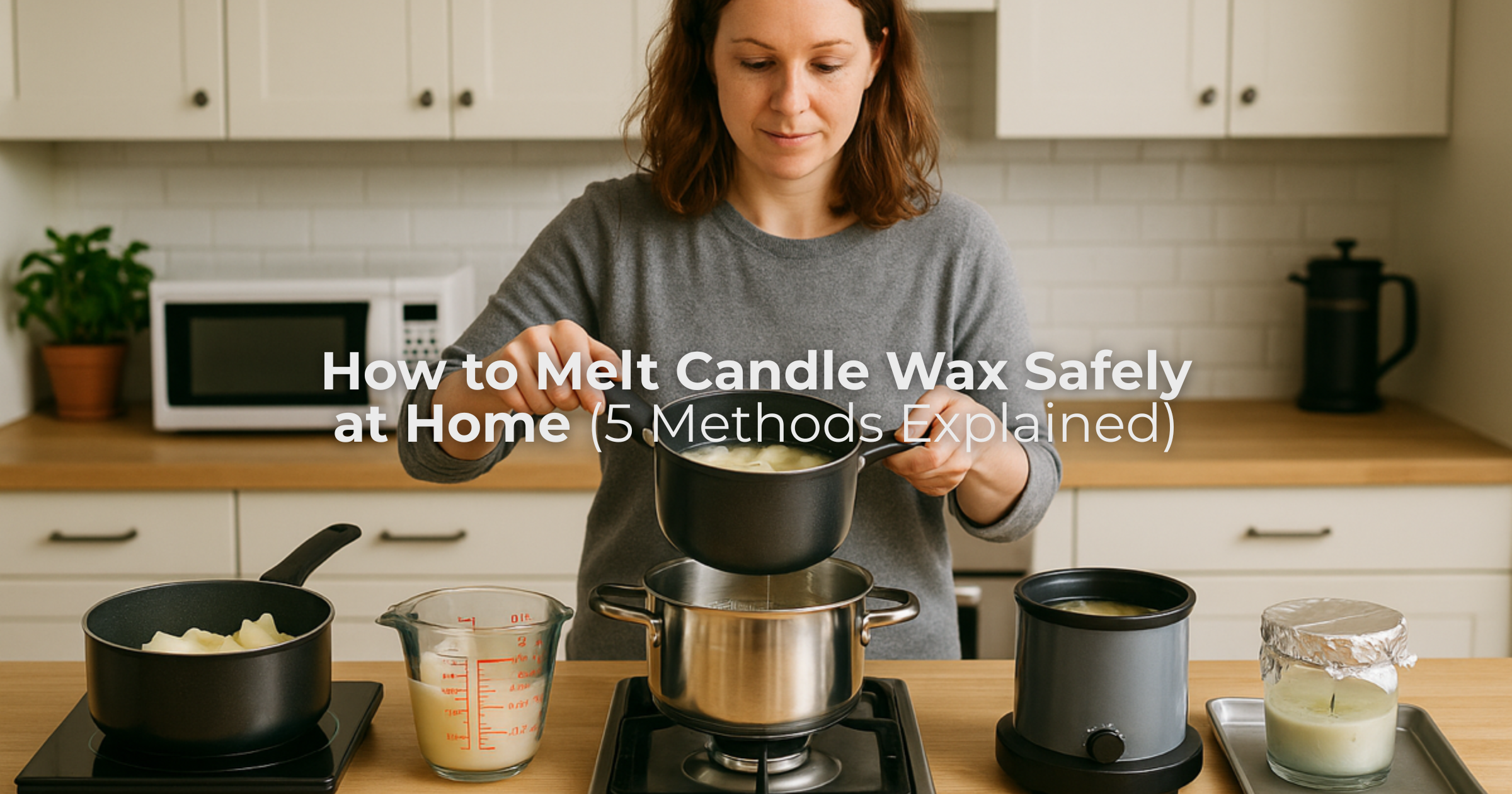 A Canadian woman demonstrating five safe methods to melt candle wax at home, including stove, microwave, double boiler, wax melter, and aluminum foil techniques, in a bright kitchen setup.