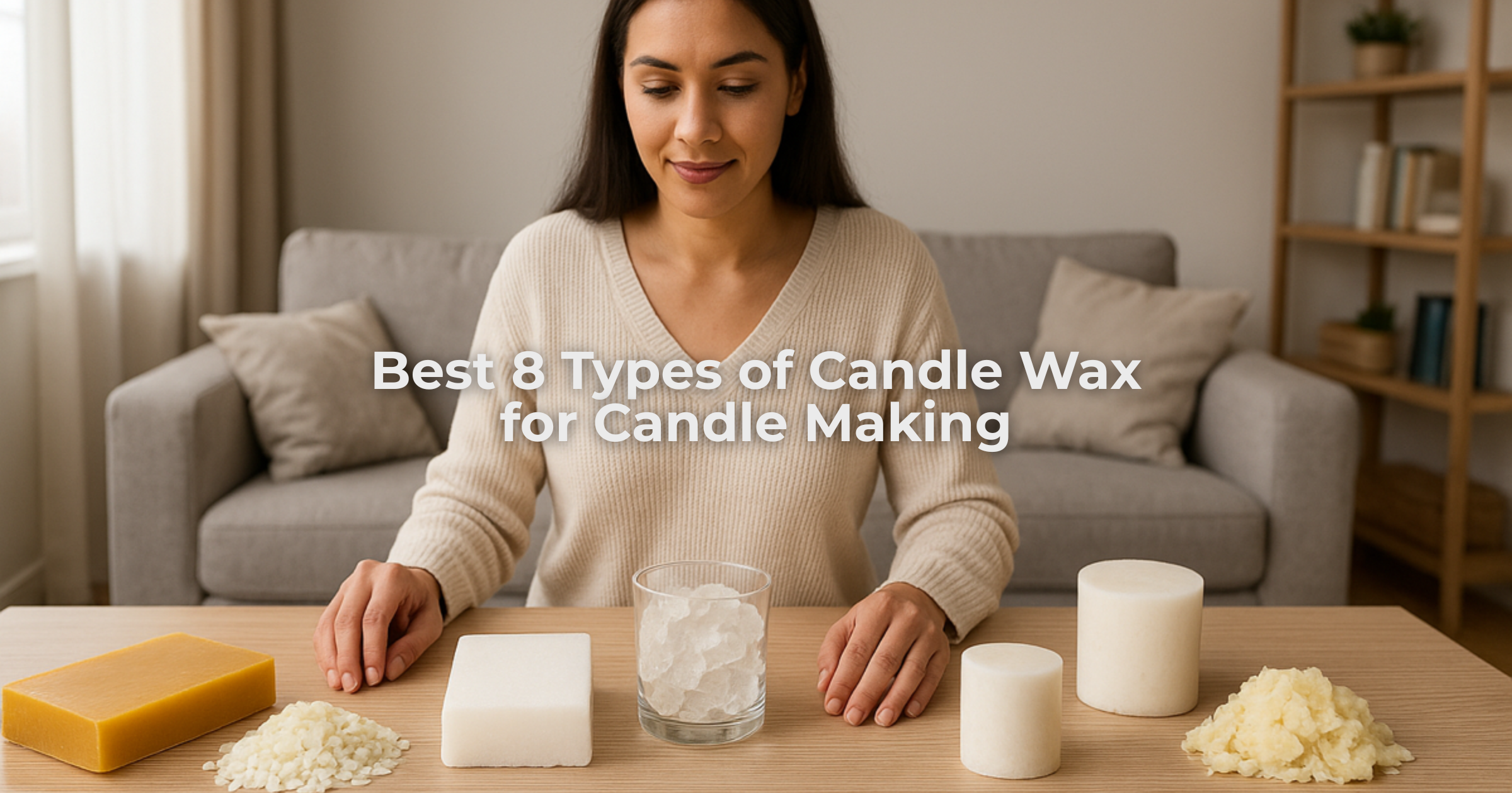 A woman sitting in a cozy living room with various types of candle wax—beeswax, soy wax, paraffin, gel, palm, coconut, and rapeseed—arranged on a wooden table, showcasing candle wax varieties for home candle making.