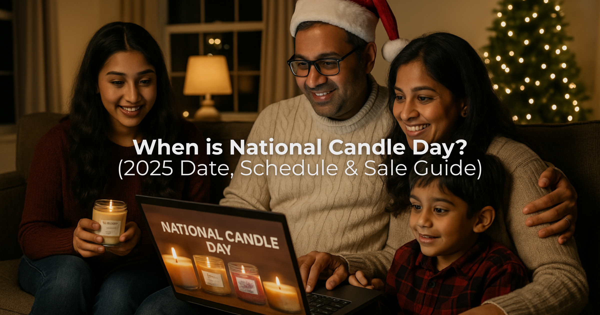 A Canadian family sitting on a couch at night, shopping online for candles during National Candle Day 2025, with warm lights and a festive holiday setting.