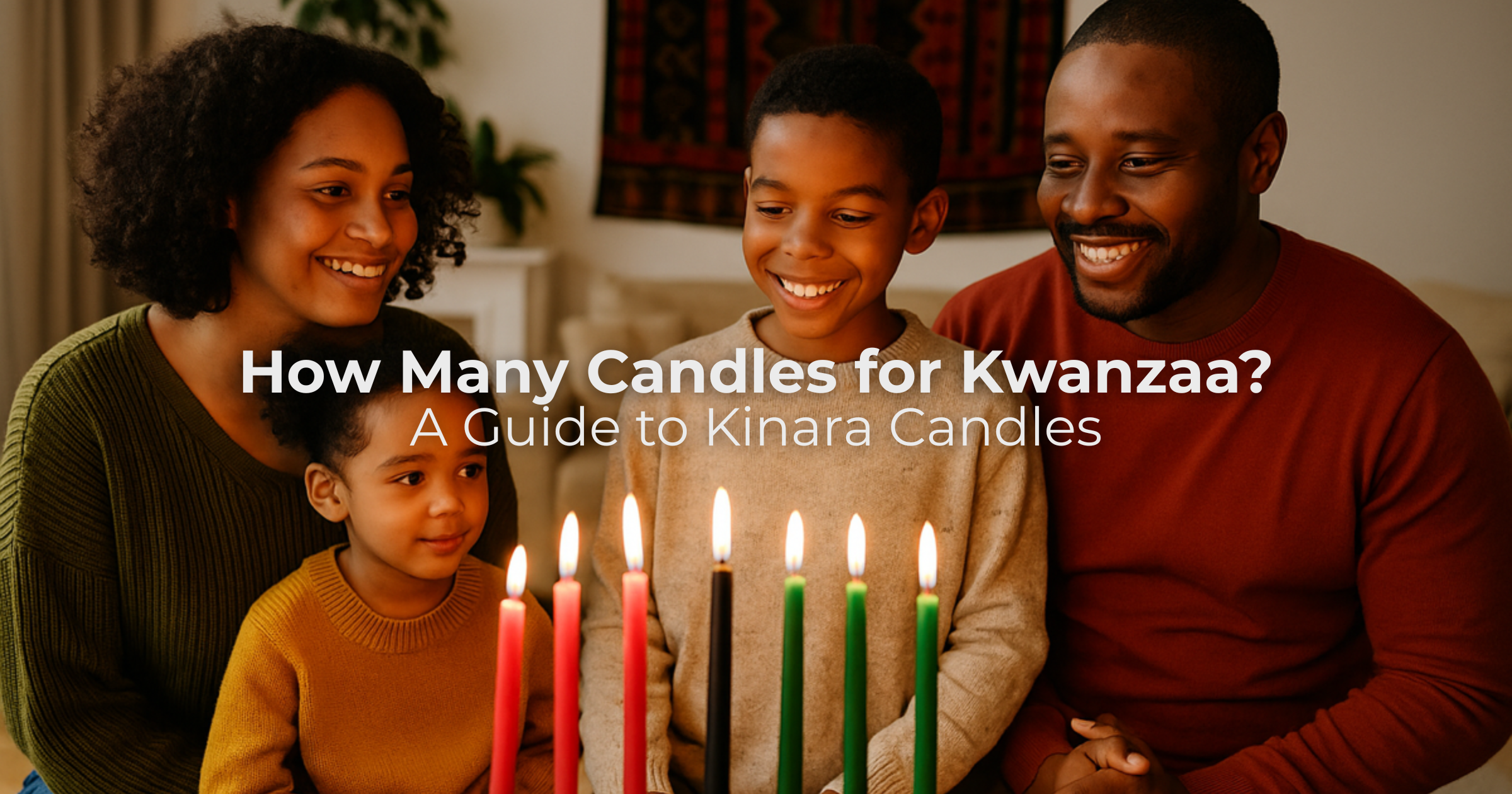 An African American family celebrating Kwanzaa at home, smiling together around a Kinara with seven lit candles in black, red, and green colors.